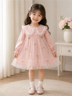 Pink Layered Lace Dress with Fruit Embroidery